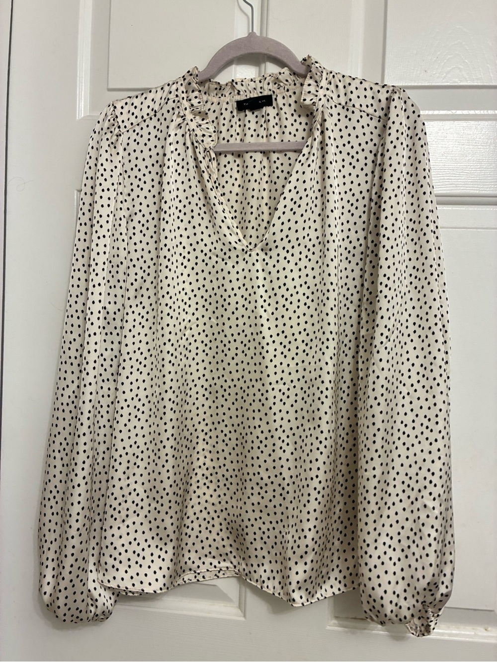 Polka Dot V-Neck Long-Sleeve Blouse - Ivory with Black Dots